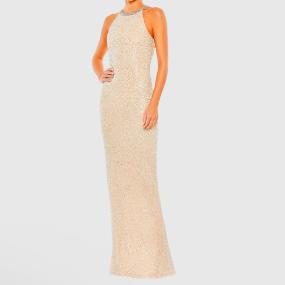 NWT Mac Duggal Beige Beaded Sleeveless High Neck Column Gown 12 - Picture 1 of 9